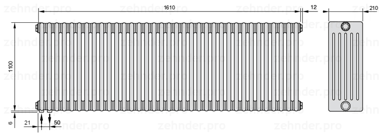 Схема (чертеж) Радиатор Zehnder Charleston 6110/35 №3370 Белый глянцевый RAL 9016